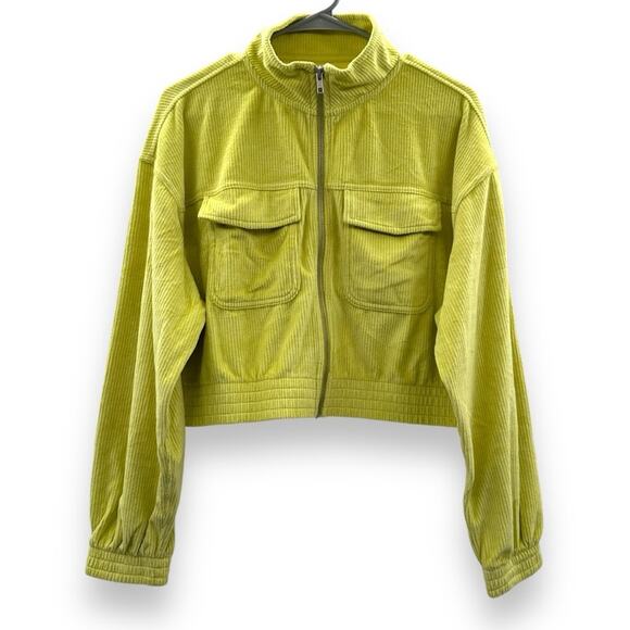 Aerie Neon Green Yellow Corduroy Full Zip Long Sleeve Bomber Jacket Sz M NEW - Picture 2 of 7